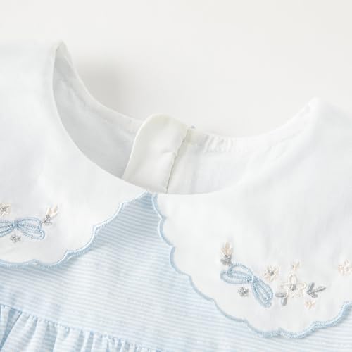 DAVE&BELLA Toddler Baby Girls Summer Dress, Short Puff Sleeve Cotton Sundress Blue Striped Flower Embroidery Prince Dresses2