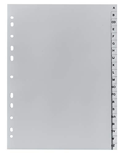 Exacompta 1720B Recycling Kunststoff-Register 20 Blatt mit bedruckten Taben A-Z für DIN A4 volle Höhe Ringbuchordner-Plastikregister für die ideale Ablage von Dokumenten Blauer Engel grau
