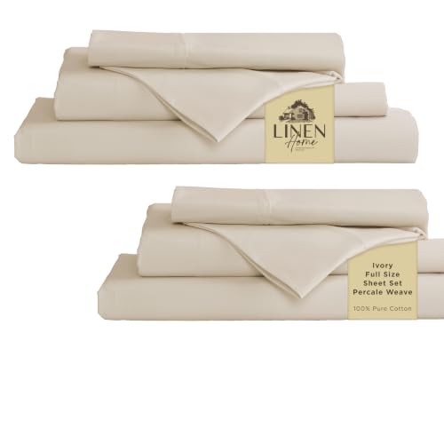 Image of Linen Home 2-Pack Full Sheet Set, 100% Cotton Percale Bedding, 8-Piece Value Bundle, Deep Pocket Cooling Bed Sheets for Hot Sleepers, Breathable & Crisp Hotel Quality, Long-Staple Cotton, Ivory