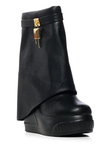 Women Round Toe Wedge Heel Fold Over Mid-calf Pull On Boots2