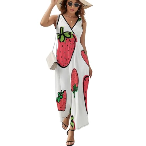 Robe sans manches à col V imprimé Fraise | Robe longue d'été maxi et fluide
