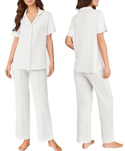 Image of Ekouaer Pajamas for Women Set Button Up Short Sleeve Pjs Sets With Pockets | Soft Womens Sleepwear,V Neck,Notch Collar,2 Piece Classic Loungewear With Long Pant for Sleep,Lounge,Fall