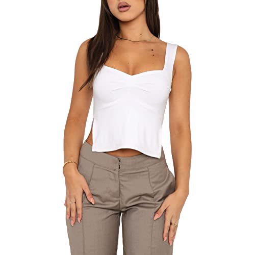 FeMereina Women Basic Sleeveless Strappy Tank Tops Y2K Sexy Skinny Ruched Bustier Top Sweetheart Neck Crop Top Side Slit Cropped Vest Cami (White, M)