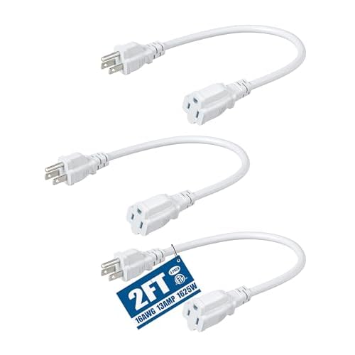 DEWENWILS 3-Pack 2FT Heavy Duty Extension Cord, 16 AWG SJTW Weatherproof Power Cable for Indoor, 3-Prong Grounded Plug for Holiday Decor/Home/Garden, ETL Listed, White 2 feet 16AWG-3 Pack Wh