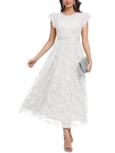 DEARMSROSE Women's Casual Tulle Midi Dress Ruffle Sleeve Crewneck Lace Flowy Dresses Party Wedding Guest Sundress（Large,White）