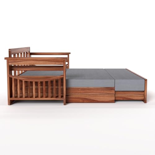 Image of Mamta Furniture Solid Sheesham Wood Sofa Set 3 Seater Furniture Wooden 3 Seater Sofa Cums Bed for Home Living Room with Cushions (Honey with Grey, 3 Seater Design 2)
