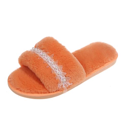 Fuzzy House Slipper for Women Pearl Embellished Lightweight Flat Slide Open Toe Casual Sandal Anti-slip Warm Shoe