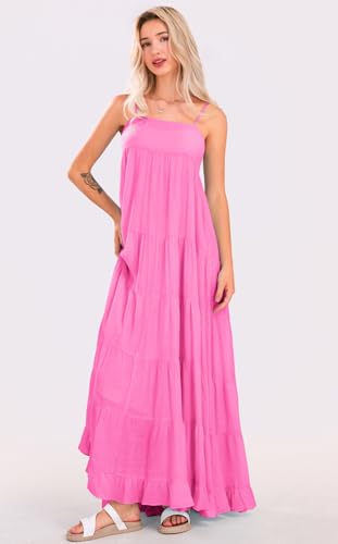 Image of loveimgs Women Summer Spaghetti Strap Smocked Maxi Dress Tiered Ruffle Sleeveless Long Flowy Dress Beach Sundress