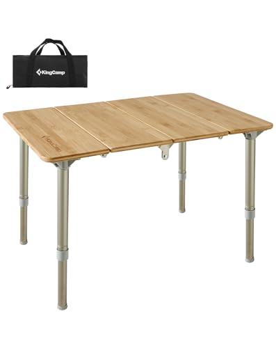 KingCamp Mesa Plegable de Bambú 60 x 40cm 4 Pliegues Altura Ajustable 27-40cm,Recubrimiento Anti-UV, para 1-2 Personas Mesa de Camping Portátil Jardín Barbacoa Picnic