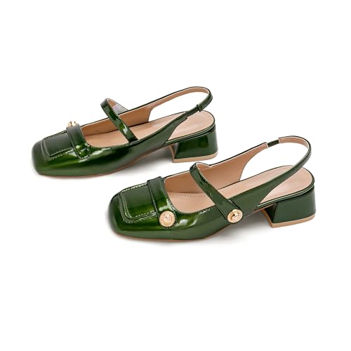 Image of Slingback Mary Jane Heels for Women Low Block Heel Closed Square Toe Pump Shoes Heels Classic Daily Office Dressy Shoes