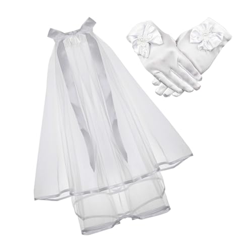 DDazzling Girl's White First Communion Gloves and Holy 1st Communion Veil Girls' Holy Ceremony,One Size