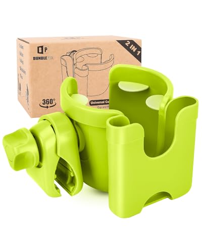 Image of Universal Stroller Cup Holder with Mobile Phone Case, 2-in-1 Strollers Storage Rack, 360 Degrees Rotation Drink Holder for Bike, Pushchair, Wheelchair, Walker,Bicycle, Fits Most Cups (Green)
