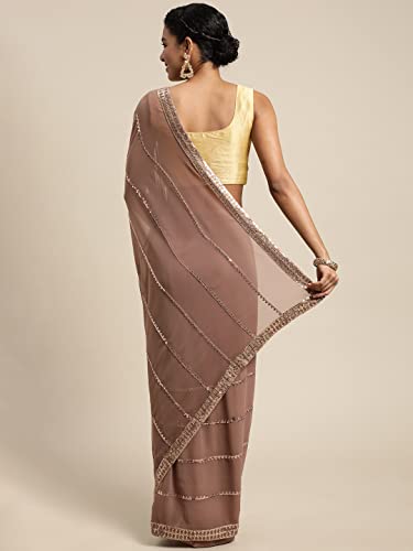Image of Pratham Blue Women's Sequined Embroidered Georgette Fancy Saree with Blouse Piece