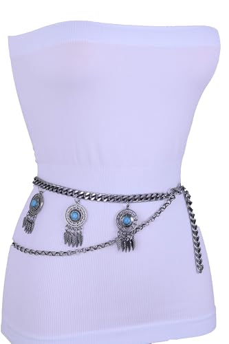 Women Bohemian Fashion Belt Antique Silver Metal Chain Feather Charm Turquoise Beads XS S M3