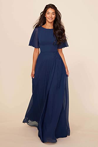 Chiffon Bridesmaid Dresses for Women with Pockets Sash Long Flutter Sleeves Wedding Formal Evening Gown3