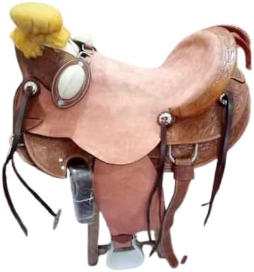Western Horse Saddle Wade Tree A Fork Ranch Roping Work Handmade Tooled Carved Premium Leather Equestrian Trail Horse Saddle for Horse Riding Size: 10-18 inches Seat, OS107