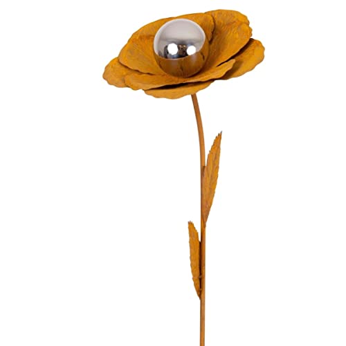 CIM Rost Gartenstecker Gartendeko - Edelrostblume Mirror Mohn L - Abmessung: 22x24x117cm - oxidierter Stahl, polierte Edelstahlkugel - inkl. 2-zackiger Bodenverankerung