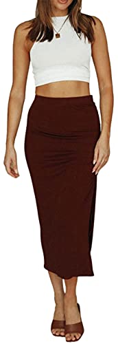 CHARTOU Women's Skinny Stretch High Rise Ruched Ribbed Side Slit Office Bodycon Midi Pencil Skirt2