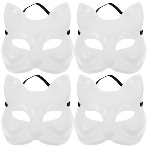 TENDYCOCO 4pcs Cat DIY Blank Paintable Fox Mask - Unfinished White Plastic Craft Mask for Halloween Party Masquerade Supplies, 18.00X17.00X0.10CM