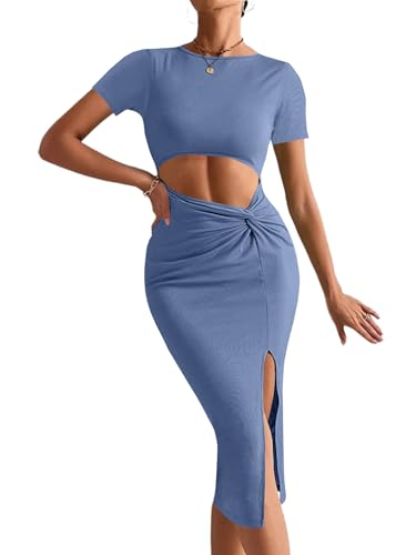 Image of Rooscier Women's Twist Cutout Waist Split Crewneck Short Sleeve Bodycon Midi Dress