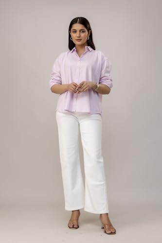 Image of Women's Linen Blend Shirt | Casual Collared Button Down Shirt for Women | Solid Color Full Sleeve Oversized Fit | Summer Casual & Office Wear Top