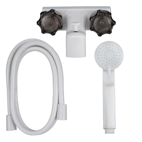RecPro 4' RV Tub and Shower Diverter Faucet White/Smoke with Handheld Shower Head & Hose