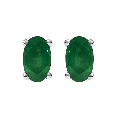 14K White Gold 5x3 MM Oval Green Emerald Solitaire Stud Earrings