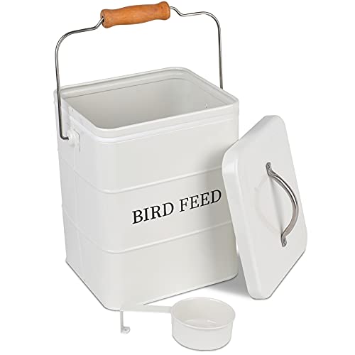DEAYOU Pet Food Storage Tin with Lid, Metal Bird Seed and Feed Container with Serving Scoop, Treats Storage Canister Bin Can for Dogs, Cats Food, Coated Carbon Steel, Tight Fitting Lid, White, 5-6 Lbs