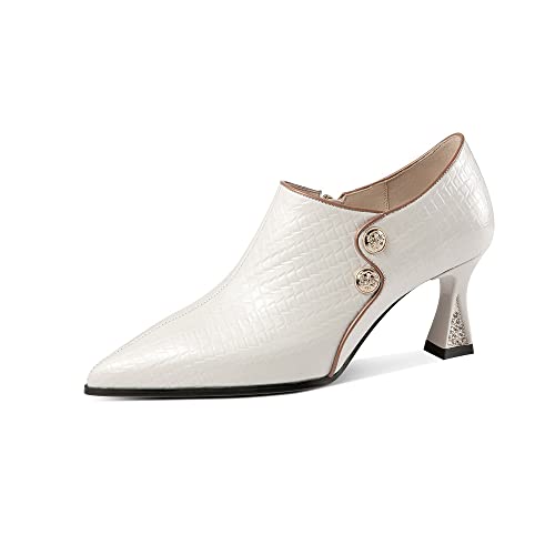 TinaCus Pointed Toe Patent Leather Handmade Side Zipper Mid Chunky Heels Women's Stylish Pumps Shoes with Buttons Decor