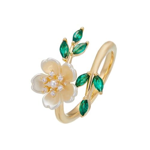 Kokoma Green Leaf Flower Wrap Finger Ring for Women CZ Crystal Cherry Blossoms Flower Ring Open Statement Rings Wedding Band Engagement Rings