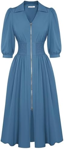 GRACE KARIN Women Fall Midi Dress 2025 A Line Smocked Work Dress Fit and Flare V Neck Zipper 3/4 Sleeve Dress Casual Pockets