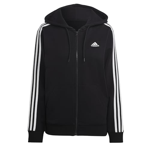 adidas Women's Essentials 3-Stripes French Terry Regular Full-Zip Hoodie, Black/White, Large