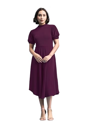 Image of PURVAJA Women's Fit & Flare Knee Length Short Sleeve Turtle Neck Solid Dress