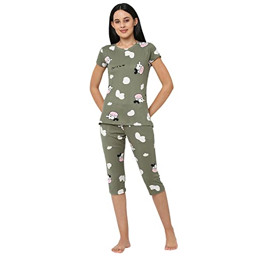 Image of Sweet Dreams Women Printed Round Neck Half Sleeve Poly Brush Top & Capri Set
