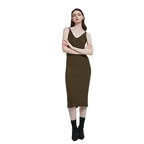 Image of Women's Sleeveless Sweater Dress Knit Slim V Neck Bodycon Midi Stretchable Elasticity Slim Fits