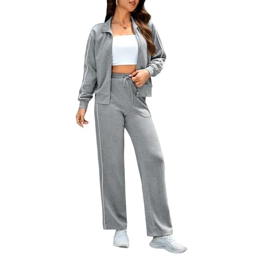 Totatuit Women 2 Piece Lounge Sets Sweatsuit 2025 Fall Long Sleeve Zip Up Sweatshirt Wide Leg pants Tracksuit Travel Outfits Grey Small