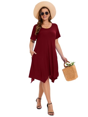 Image of ZENNILO Plus Size Tshirt Dress with Pockets Casual Summer Dresses Crew Neck Short Sleeve Swing Dress for Women