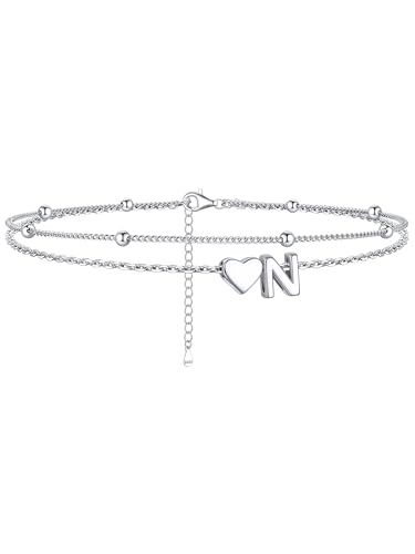 Image of ChicSilver Sterling Silver Anklets for Women Hypoallergenic Womens Ankle Bracelets for Women Layered Heart Anklet With Initials Womens Anklets Jewelry for Mom Wife
