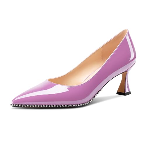 Image of TNYNFBEB Womens Mid Kitten Heel Pointed Toe Pumps Slip-on Silver Beaded Prom Party Dress Patent Leather 2.6 Inches Heels