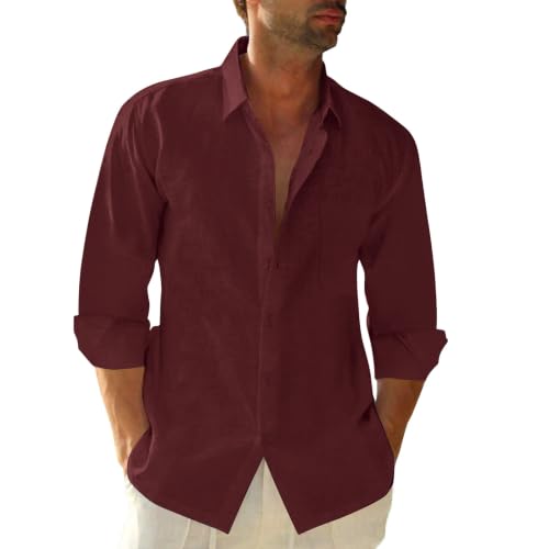 Image of JEKAOYI Mens Button Down Cotton Linen Shirts Casual Long Sleeve Beach Tops