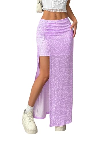 EARKOHA 2025 Skirts for Women Women's Ditsy Floral Full-Print Slit Skirt, Casual Holiday Wear Mauve Purple S