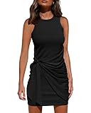 BTFBM Women's 2026 Summer T Shirt Dress Casual Sleeveless Wrap Bodycon Ruched T Shirt Spring Dress Tie Waist Mini Dresses(Sleeveless Black, X-Large)