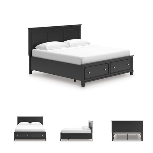 Image of Signature Design by Ashley King Storage Bed Frame and Headboard, Black | Extra-deep footboard drawers, Hardwood solids, birch veneer and MDF substrate storage bed frame, Lanolee Series
