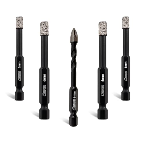 SHDIATOOL Porcelain Tile Diamond Drill Bits 4pcs 6mm Quick Change Shank Diamond Core Drill Bit with 1pc 6mm Carbide Triangular Drill Bit for Tile Ceramic Marble Granite Stone