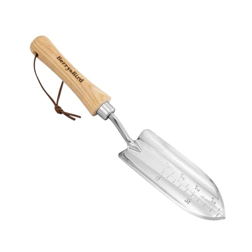 Image of Berry&Bird 4 inch Measuring Transplanting Trowel, Stainless Steel Garden Hand Shovel with Ash Wood Handle & Leather Hanging Loop, Heavy Duty Gardening Tool for Digging, Planting, Potting & Loosening Soil