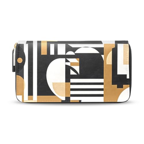 Long Wallets Leather Bifold Wallet for Women Brown Black Geometric with Zipper Credit Card Holder Large Capacity