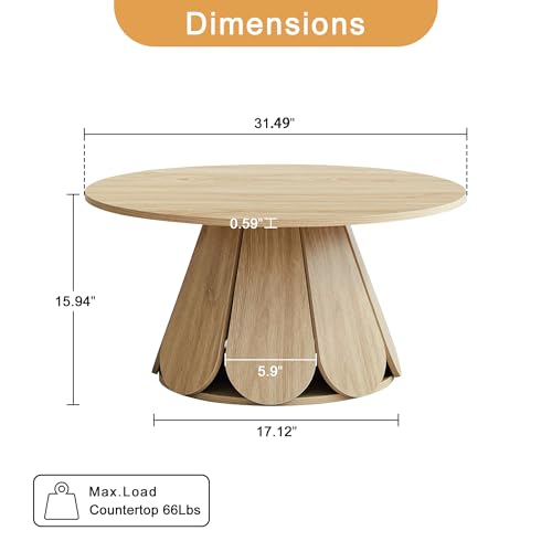 Image of Round Coffee Table, Modern Farmhouse Wood Circle Center Table with Pedestal Base for Small Space, Living Room, Apartment, Natural