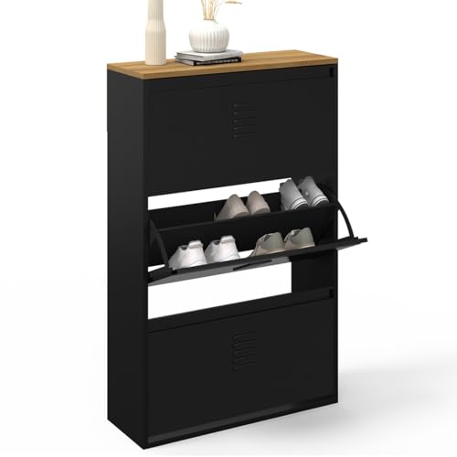 IDMarket - Meuble à chaussures maxi capacité ESTER 3 portes 18 paires métal noir et plateau bois design industriel