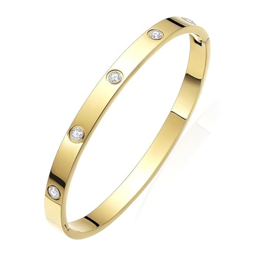Image of Okos Gold Plated Fashion Jewellery Stainless Steel Anti Tarnish Cuff Band Style Bangle Bracelet with White CZ Stones For Girls and Women CO0025