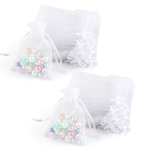 JoyEcho 100PCS Sachets Organza Pochon Blanc 7 x 9 cm, Sac Cadeau À Cordon Pochette Bijoux de...